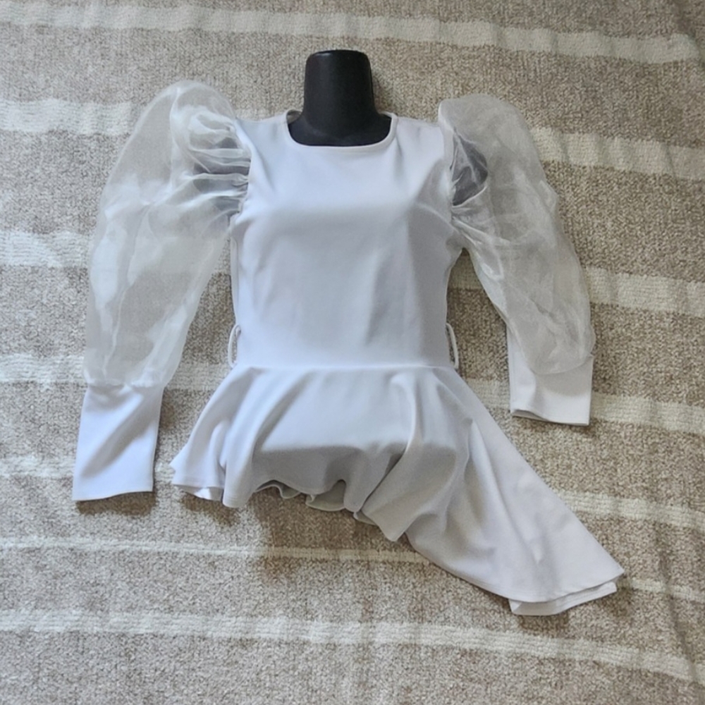 NOBRAND White Peplum Top with Sheer Sleeves